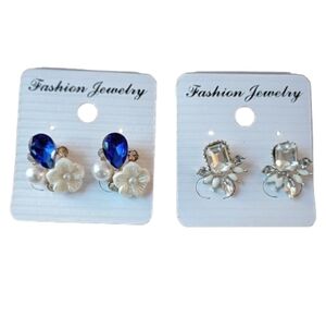 Blue Faux Sapphire Floral Pearl Studs & Clear Crystal Art Deco Earrings Set NWT